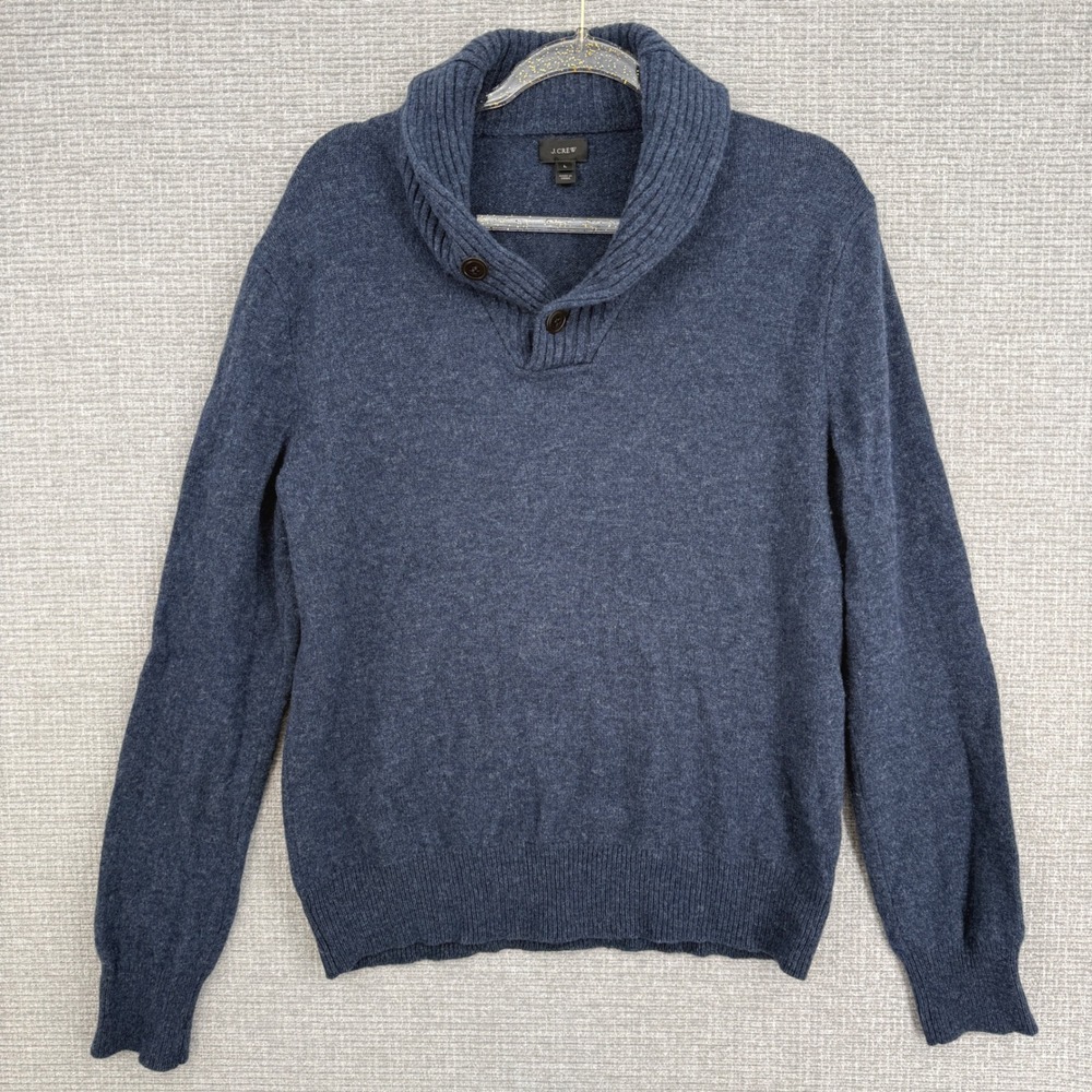 J. Crew Mens Lambswool Button Shawl Collar Sweater Blue Size L‎ Preppy Y2K Grand
